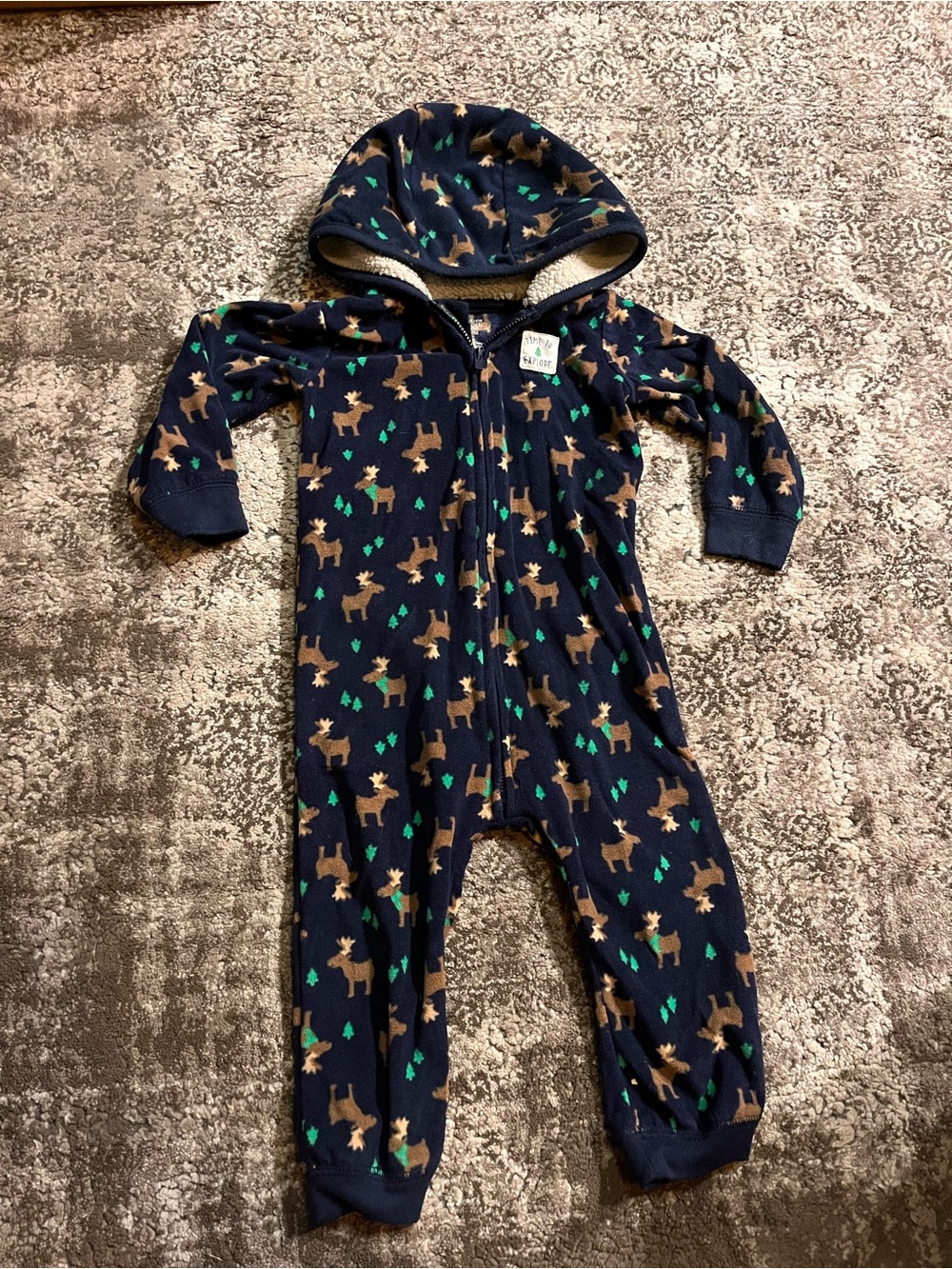 Carter's Navy Hooded One-Piece with Moose and Tree Print